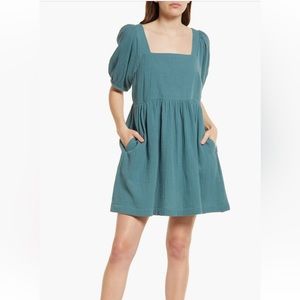 Madewell Lightspun Square Neck Puff Sleeve Dress